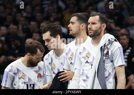 Belgrado, Serbia, 4 maggio 2023. Rudy Fernandez del Real Madrid reagisce durante il gioco Play Off 4 - 2022/2023 Turkish Airlines Eurolega Match tra Partizan Mozzart Bet Belgrado e Real Madrid alla Stark Arena di Belgrado, Serbia. 4 maggio 2023. Credito: Nikola Krstic/Alamy Foto Stock