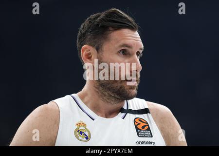 Belgrado, Serbia, 4 maggio 2023. Rudy Fernandez del Real Madrid reagisce durante il gioco Play Off 4 - 2022/2023 Turkish Airlines Eurolega Match tra Partizan Mozzart Bet Belgrado e Real Madrid alla Stark Arena di Belgrado, Serbia. 4 maggio 2023. Credito: Nikola Krstic/Alamy Foto Stock