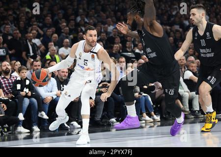 Belgrado, Serbia, 4 maggio 2023. Rudy Fernandez del Real Madrid in azione durante il gioco Play Off 4 - 2022/2023 Turkish Airlines Eurolega partita tra Partizan Mozzart Bet Belgrado e Real Madrid alla Stark Arena di Belgrado, Serbia. 4 maggio 2023. Credito: Nikola Krstic/Alamy Foto Stock