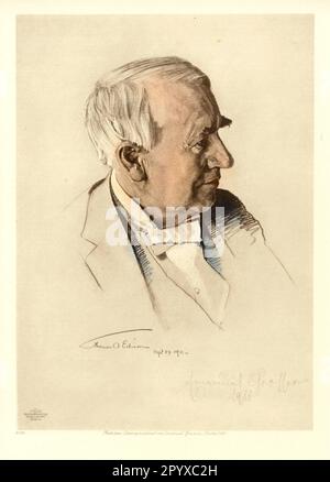 Thomas Alva Edison (1847-1931), inventore americano. Edison ha svolto un lavoro pionieristico in vari campi della tecnologia e ha richiesto oltre 1000 brevetti. Disegno di Emanuel Grosser, Berlino. Foto: Heliogravure, Corpus Imaginum, Hanfstaengl Collection. [traduzione automatica] Foto Stock