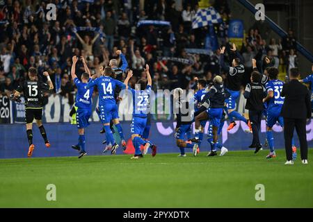 Empoli, Italia. 04 maggio 2023, gioia finale (Empoli) durante la 'Serie A' italiana tra Empoli 3-1 Bologna allo Stadio Carlo Castellani il 04 maggio 2023 ad Empoli. Credit: Maurizio Borsari/AFLO/Alamy Live News Foto Stock