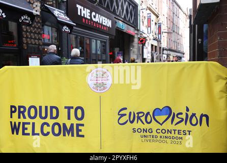 Liverpool si prepara al Concorso di canzoni Eurovision il 13th maggio, che ospita in collaborazione con l'Ucraina, vincitrice dello scorso anno, ma non in grado di ospitare a causa dell'attuale invasione russa, NW England, UK Foto Stock