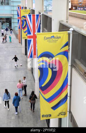 Liverpool si prepara al Concorso di canzoni Eurovision il 13th maggio, che ospita in collaborazione con l'Ucraina, vincitrice dello scorso anno, ma non in grado di ospitare a causa dell'attuale invasione russa, NW England, UK Foto Stock