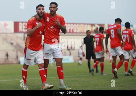 Bashundhara King il giocatore brasiliano Miguel Ferreira Damasceno (Red J-8) festeggia uno dei suoi due goaldurante la Bangladesh Premier League 2022-23 ma Foto Stock