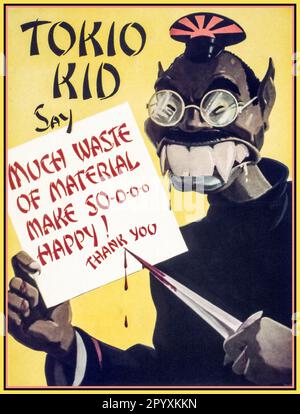 WW2 1940s USA American Propaganda poster per la produzione di lavori bellici. Con una caricatura stereotipata di un mongolo giapponese che regge un coltello a gocciolamento. ' TOKIO RAGAZZO DICE CHE MOLTI SPRECHI DI MATERIALE RENDONO SO-O-OOO FELICE! GRAZIE Foto Stock