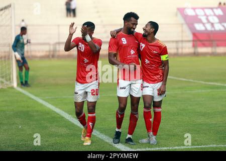 Bashundhara King il giocatore brasiliano Gomes Nascimento Dorielton (Red J-9) festeggia uno dei suoi due goaldurante il Bangladesh Premier League 2022-23 ma Foto Stock