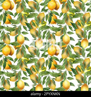 Motivo senza cuciture all'acquerello di limoni gialli. Bella texture disegnata a mano. Sfondo romantico per pagine web, inviti di nozze, tessuti, carta da parati Foto Stock