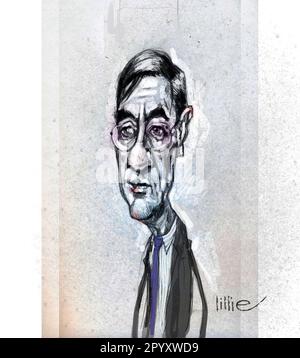 Illustrazione dei cartoni animati in stile satira il MP euroscettico Jacob William Rees-Mogg Jacob Rees-Mogg membro del parlamento per il Somerset Nord-Est legato alla Brexit Foto Stock