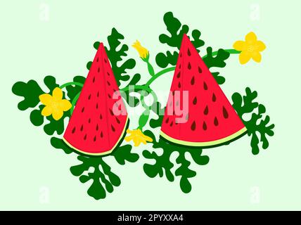 Anguria triangolare e fettine succose, foglie verdi e fiore giallo figura vettore anguria in design piatto. Illustrazione del concetto di cibo estivo Illustrazione Vettoriale