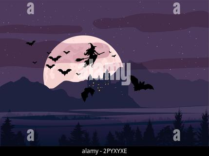 Banner di Halloween, strega volante, castello di draculas Illustrazione Vettoriale