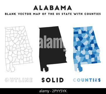Mappa dell'Alabama. Confini dell'Alabama per la tua infografica. Forma dello stato US vettoriale. Illustrazione vettoriale. Illustrazione Vettoriale