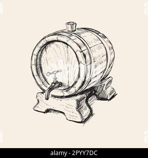 Disegno a mano Vecchio vino Barrel Vector Illustration. Illustrazione Vettoriale