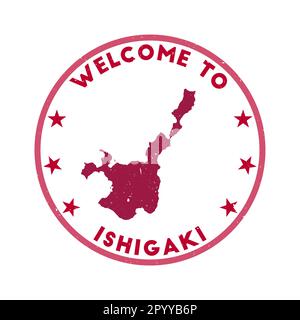 Benvenuti al francobollo Ishigaki. Francobollo rotondo grunge con texture in tema colore Nippon. Sigillo geometrico Ishigaki in stile vintage. Elegante vettore illustre Illustrazione Vettoriale