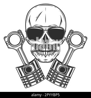 Cranio motociclista biker con baffi in occhiali da sole con pistoni a motore incrociati servizio riparazione moto, auto e camion business in vettore vintage Illustrazione Vettoriale