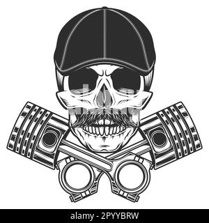 Cranio motociclista con baffi in gatsby cappello piatto con motore incrociato pistoni riparazione moto, auto e camion business in vintage Illustrazione Vettoriale