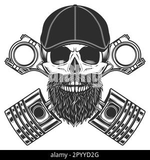 Cranio biker con barba e baffi in gatsby cappello piatto con pistoni incrociati servizio riparazione moto, auto e camion business in vintage Foto Stock