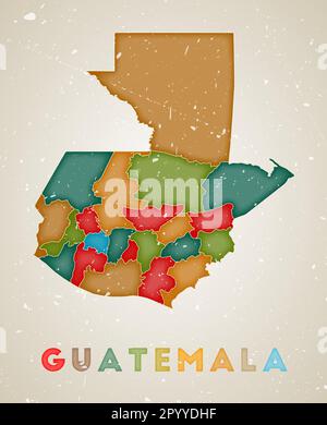 Mappa del Guatemala. Poster del paese con aree colorate. Vecchio grunge texture. Illustrazione vettoriale del Guatemala con il nome del paese. Illustrazione Vettoriale