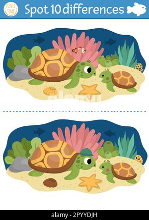 Trova gioco differenze per i bambini. Sotto il mare attività educativa con madre carina e tartaruga bambino. Puzzle di vita oceanica per bambini con animali d'acqua Illustrazione Vettoriale