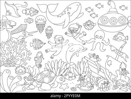 Immagine vettoriale in bianco e nero sotto il mare. Scene di vita oceanica con animali, delfini, balene, sottomarini, subacquei, nave distrutta. Hori Illustrazione Vettoriale