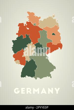 Germania poster in stile retrò. Mappa del paese con regioni in colori autunnali. Forma della Germania con nome del paese. Vettore artistico illustrati Illustrazione Vettoriale