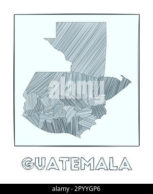 Schizzo della mappa del Guatemala. Mappa del paese disegnata a mano in scala di grigi. Regioni riempite con strisce di hachure. Illustrazione vettoriale. Illustrazione Vettoriale