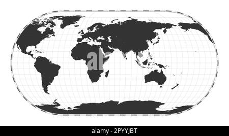 Mappa vettoriale del mondo. Proiezione di Eckert III. Mappa geografica del mondo pianeggiante con linee di latitudine e longitudine. Centrato a 60 gradi di longitudine W. Illustrazione Vettoriale