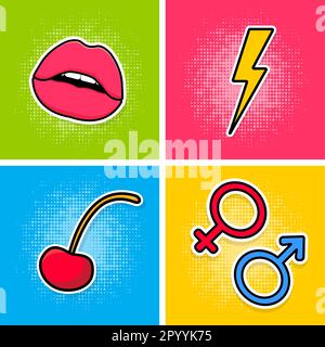 Poster pop art. Ciliegia e bomba, fulmini e simboli di genere. Elementi su uno sfondo multicolore. Illustrazione vettoriale Illustrazione Vettoriale