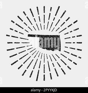 Mappa d'epoca dell'Oklahoma. Grunge Sunburst in tutto lo stato degli Stati Uniti. Forma nera dell'Oklahoma con raggi del sole su sfondo bianco. Illustrazione vettoriale. Illustrazione Vettoriale