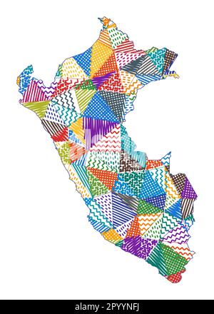 Mappa in stile capretto del Perù. Poligoni disegnati a mano a forma di Perù. Illustrazione vettoriale. Illustrazione Vettoriale
