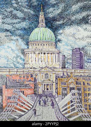 Disegno a colori pointillista della cattedrale di San Paolo e della passerella Millennium Foto Stock