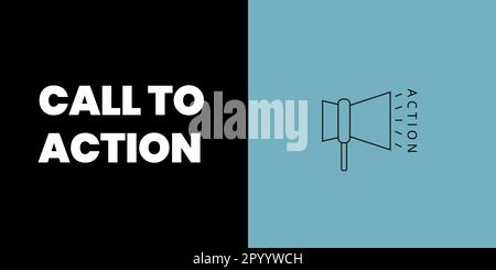 Banner invito all'azione su sfondo nero e blu. Elegante banner CTA con testo bianco e altoparlante nero per aziende e marketing Illustrazione Vettoriale