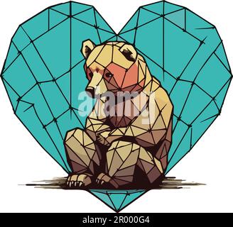 Vettore di orso bruno seduto nel cuore blu, linee di griglia Illustrazione Vettoriale