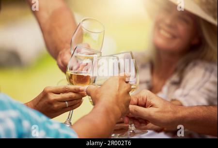 Gruppo sconosciuto di amici diversi che tostano con i vitigni in vigna. Felice gruppo di persone sedute insieme e di legame durante una degustazione di vino su un Foto Stock