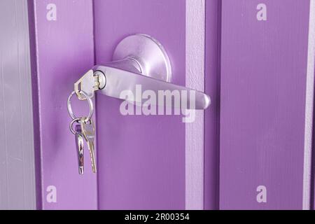 Chiavi nel foro della serratura della porta d'ingresso della casa Foto Stock