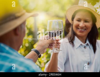 Coppia sorridente di gara mista brinda con vino sul vigneto. Felice marito e moglie ispanica in piedi insieme e legame durante la degustazione di vini su Foto Stock