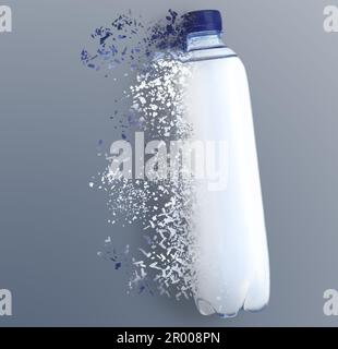 Bottiglia d'acqua che svanisce su sfondo colorato. Decomposizione dell'inquinamento plastico Foto Stock