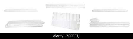 Set con nuovi e comodi materassi su sfondo bianco. Design del banner Foto Stock