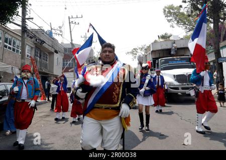 Città del Messico, Messico. 05th maggio, 2023. 5 maggio 2023, Città del Messico, la rappresentazione della Battaglia di Puebla del 1862 nel quartiere Peñon de los Baños è dichiarata dal governo di Città del Messico come patrimonio culturale immateriale di Città del Messico nel suo 93rd° anniversario; Si tiene ogni anno presso il Municipio di Venustiano Carranza a Città del Messico. Il 5 maggio 2023 a Città del Messico (Foto di Luis Barron/Eyepix Group/Sipa USA). Credit: Sipa USA/Alamy Live News Foto Stock