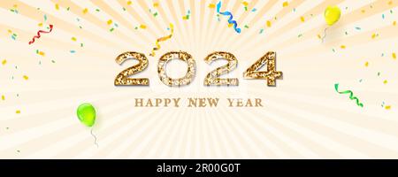 Felice anno nuovo 2024. Testo dorato e numeri scintillanti. Illustrazione Vettoriale