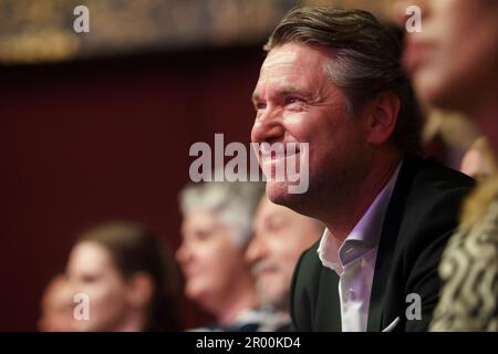 Bucarest, Romania. 5th maggio 2023: Florin Raducioiu, ex calciatore professionista rumeno, partecipa alla cerimonia di apertura del Superbet Chess Classic Romania 2023, la prima tappa del circuito Grand Chess Tour 2023, svoltasi a Bucarest il 5th maggio 2023. Durante i 10 giorni del torneo, dal 5 al 15 maggio, dieci dei migliori giocatori classificati FIDE gareggeranno. Credit: Lucian Alecu/Alamy Live News Foto Stock