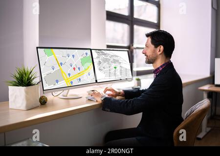 Mappa del terreno del tracciato catastre. Progetto di costruzione su computer Foto Stock