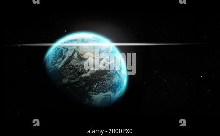 Terra, globo o pianeta nello spazio oscuro per lo studio dell'astronomia, la scienza e la luce nell'universo. 3d sfera globale, sorgere del sole e brillare in cielo con atmosfera Foto Stock