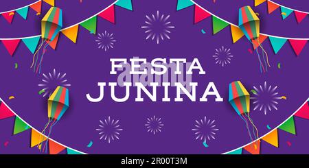 festa junina banner orizzontale con design piatto e decorativo Illustrazione Vettoriale