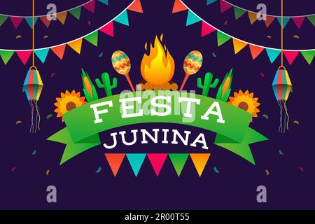 gradiente festa junina sfondo con fuoco, maraca, cactus, e fiori Illustrazione Vettoriale