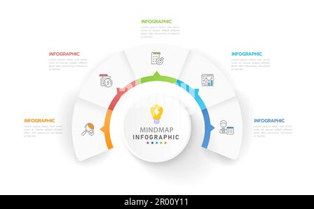 Modello infografico per le aziende. 5 passi moderno diagramma di mindmap con argomenti, presentazione vettoriale infografica. Illustrazione Vettoriale
