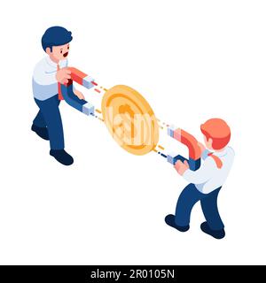 Appartamento 3D Isometrica uomo d'affari utilizzare il magnete per attirare i soldi. Concorrenza aziendale e concetto di fare soldi. Illustrazione Vettoriale