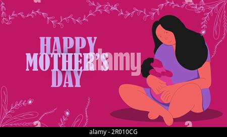 Buon giorno della mamma con bellissimi fiori di garofano e la linea foglia arte banner disegno vettore illustrazione. Illustrazione Vettoriale