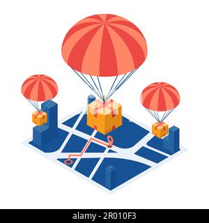 Flat 3D Isometric Parcel con paracadute drop sulla mappa della città. Concetto di servizio di consegna rapida. Illustrazione Vettoriale