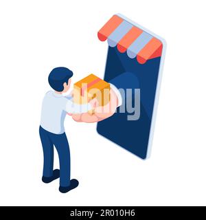 Flat 3D Isometric Man Receiving Parcel from Delivery Service Hand Through smartphone. Concetto di servizio online di tracciamento dello shopping e della consegna. Illustrazione Vettoriale