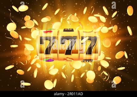 Slot per vincere al casinò. Grande moneta d'oro che vola, gioco d'oro spin machine, jackpot online, denaro giallo che cade con confetti e scintille, possibilità in 777 giocare f Illustrazione Vettoriale